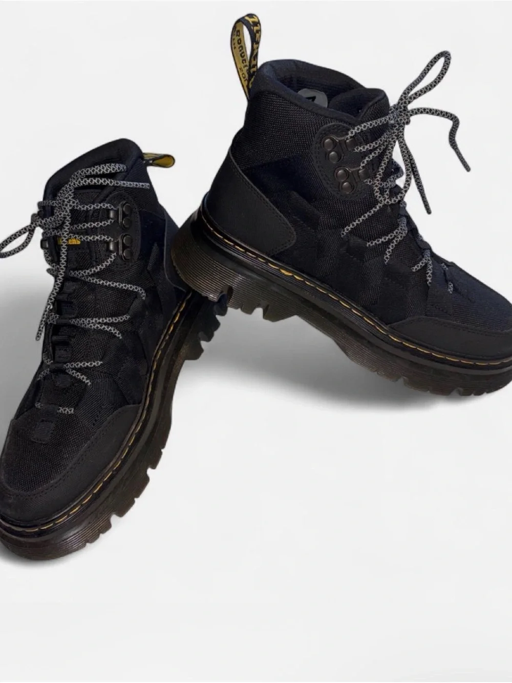 Dr. Martens Black Lug-Sole Hiking Boots with Yellow Stitching